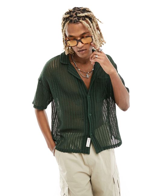 Native Youth Green Mesh Knit Button Through Short Sleeve Shirt for men