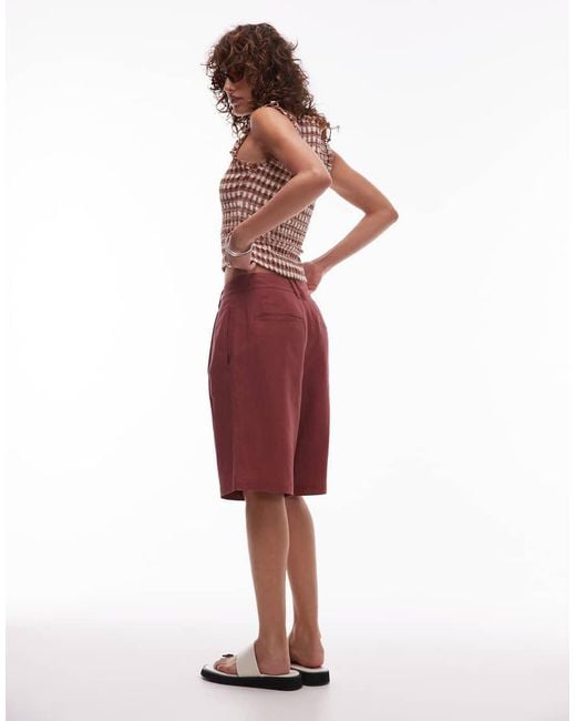 TOPSHOP Red Linen Longline Short