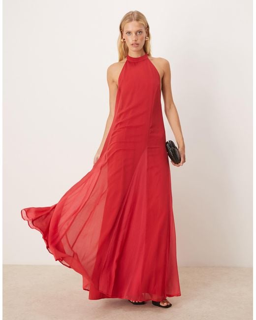 ASOS Red High Neck Chiffon Maxi Dress With Contrast Godet Skirt
