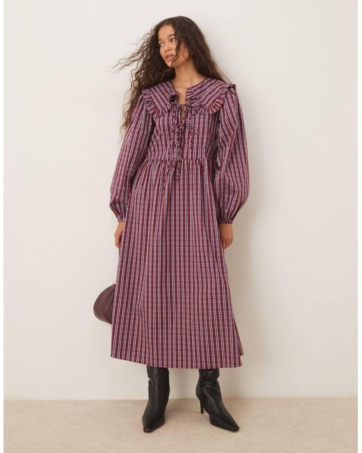 Glamorous Purple Tie Front Smock Mdiaxi Dress With Dramatic Collar