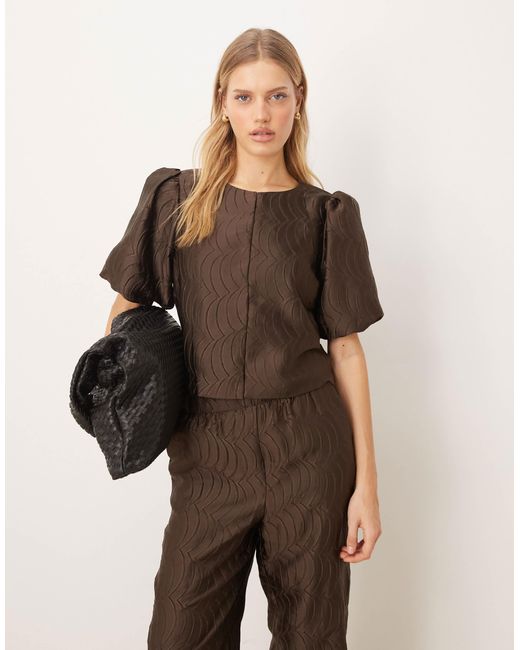 Y.A.S Brown Premium Textured Puff Sleeve Top Co-ord