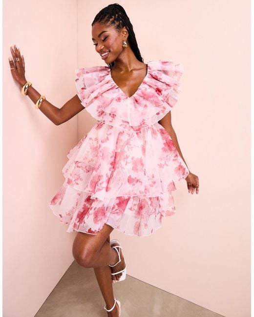 ASOS Pink Organza Ruffle Baby Doll Mini Dress