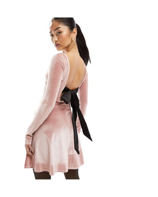 Miss Selfridge Pink Low Back Fit And Flare Velour Mini Dress With Bow