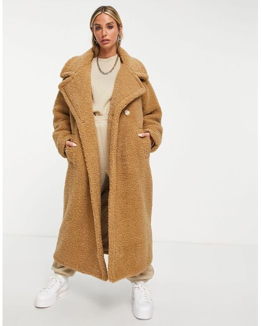 River Island Oversized Double Breasted Borg Coat in Brown - Lyst