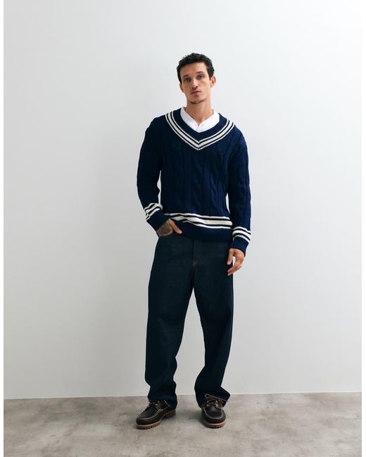 Gant Blue Mercerized Cottle Cable Knit V-neck Jumper for men