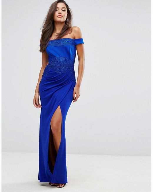 Lipsy Blue Off Shoulder Maxi Dress With Lace Trim
