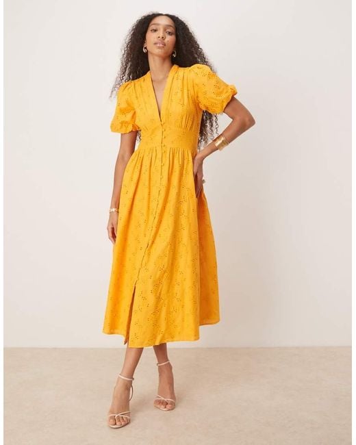 Nobody's Child Yellow Starlight Puff Sleeve Midi Dress
