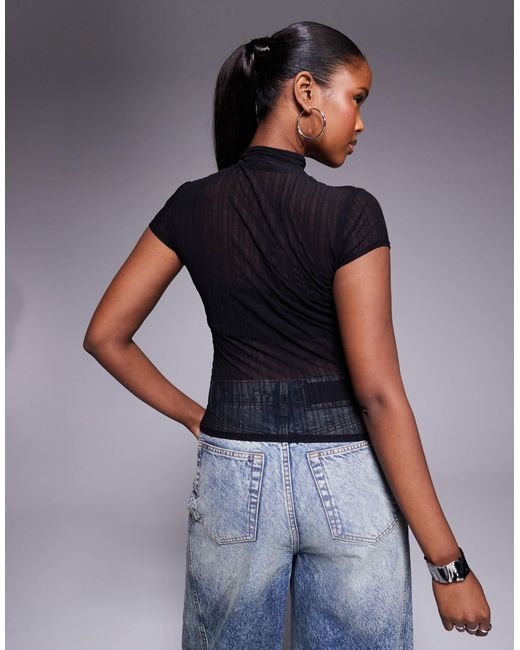 ASOS Blue Fitted Shirred Mesh Top With Rouleau Loop Buttons Detail