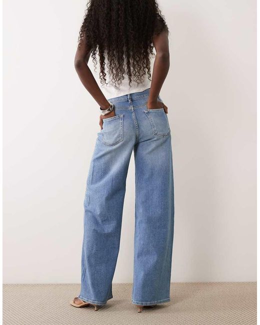 Mango Blue Erin 100% Cotton Wide Leg Jean With Embellished Side