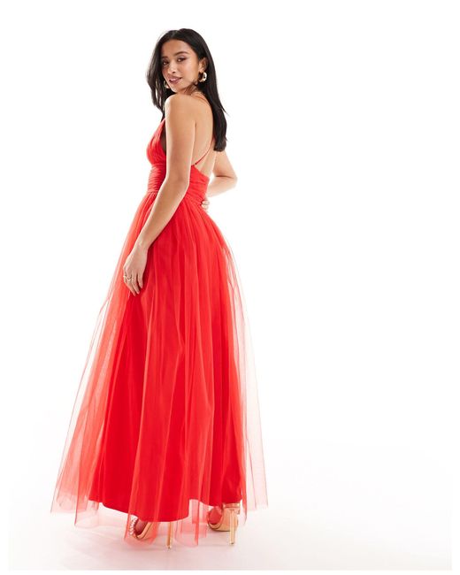 LACE & BEADS Red Cross Back Tulle Maxi Dress