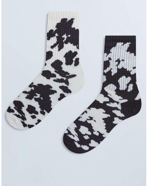 TOPSHOP Blue 2pk Sporty Rib Cow Print Socks