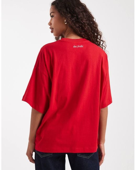 The Frolic Red Cotton Rich 'feeling Lucky' Cherry Graphic Oversized T-shirt