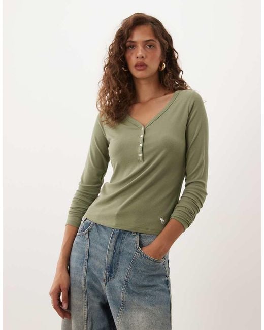 Abercrombie & Fitch Green Long Sleeve Ribbed Henley Top