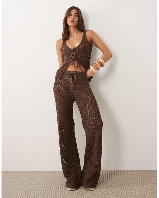 4th & Reckless Brown Cotton Blend Crochet Tie Waist Wide Leg Beach Trousers Co-Ord