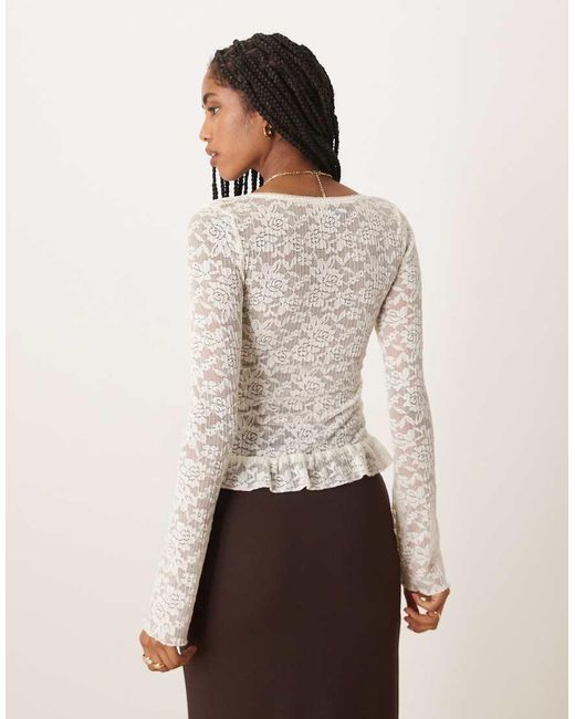 Motel White Roselle Long Sleeve Lace Ruffle-edged Top