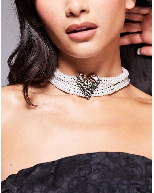 ASOS Black Choker Necklace With Multi Strand Faux Pearl And Heart Detail