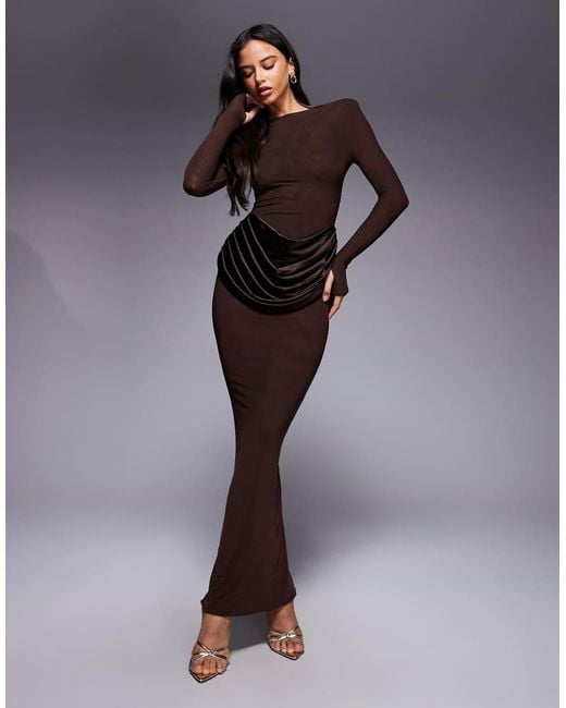 Wanderdoll Brown Wander Doll Eman Long Sleeve Slash Neck Satin Drape Waist Detail Bodycon Maxi Dress