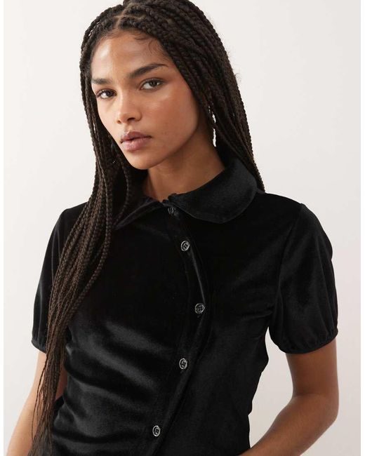 Reclaimed Vintage Black Neat Fit Velvet Shirt With Asymmetric Buttons And Puff Sleeve