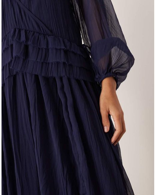 ASOS Blue V Neck Smock Midi Dress With Ruffles