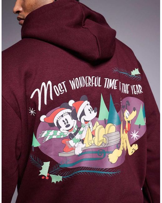ASOS Red Disney Christmas Unisex Relaxed Hoodie With Mickey & Friends Prints