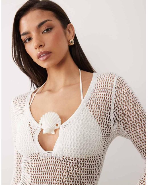 South Beach Natural Long Sleeve Crochet Maxi Dress