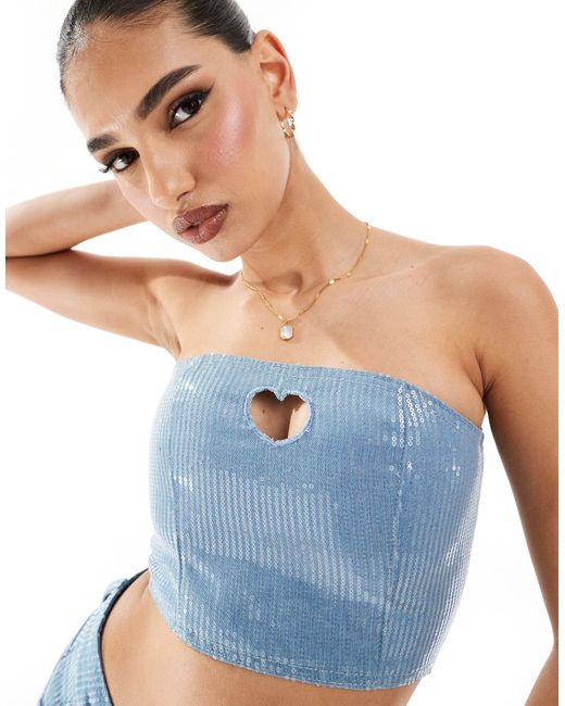 Liquor N Poker Blue Co-ord Denim Cropped Bandeau Corset Top With Sequins