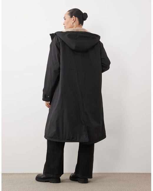 ASOS Black Asos Design Curve Longline Rain Coat With Borg Liner