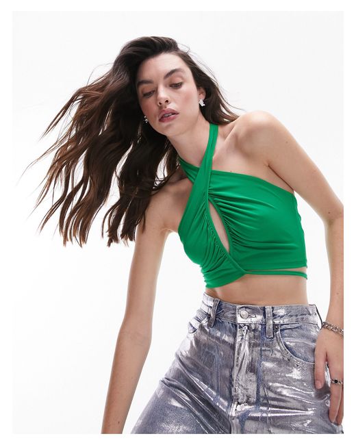 TOPSHOP Green Ruched Cut Out Halter Top