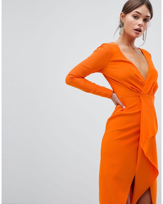 ASOS Long Sleeve Waterfall Deep Plunge Midi Dress in Orange | Lyst