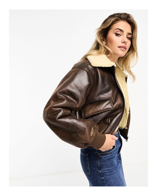 Pull&Bear Brown Borg Trim Cropped Faux Leather Bomber Jacket