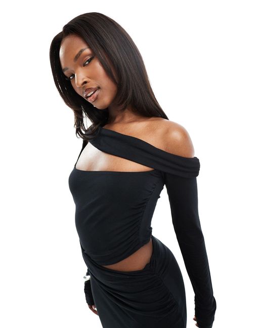 ASOS Black Long Sleeve Asymmetric Ruched Midi Dress With Cut Outs