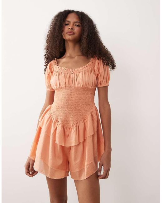 ASOS Pink Shirred Playsuit With Ruffle Shorts