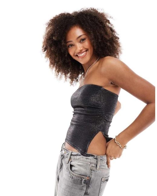 Bershka Black Ruched Side Glitter Bandeau Top
