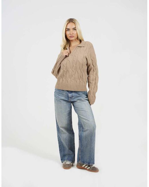 Brave Soul Natural Collared Cable Knit Jumper