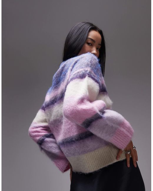 TOPSHOP Purple Knitted Fluffy Stripe Relaxed Jumper