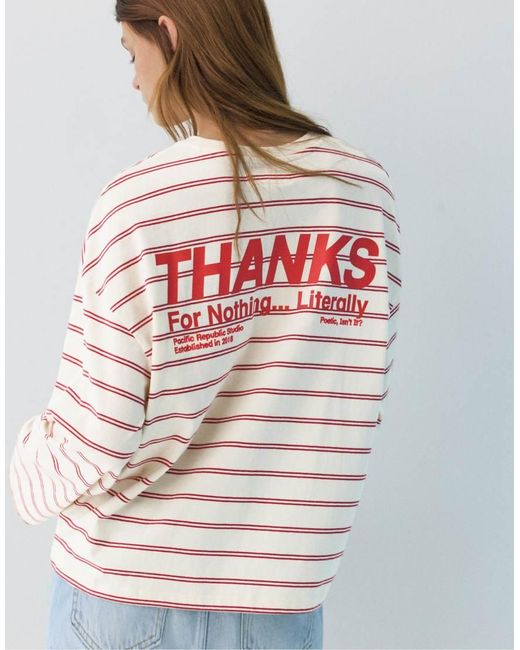 Pull&Bear Gray Striped Slogan Long Sleeve T-shirt