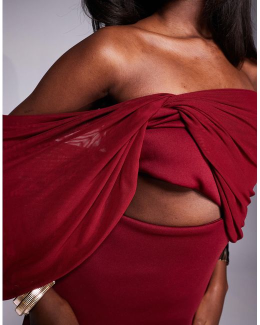 ASOS Red Scuba Bardot Midi Dress With Sheer Drape Sleeve Detail