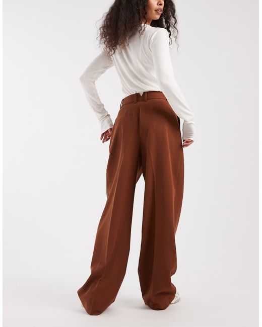 ASOS Brown Tailored Wide Leg Trousers With Pleat Detail