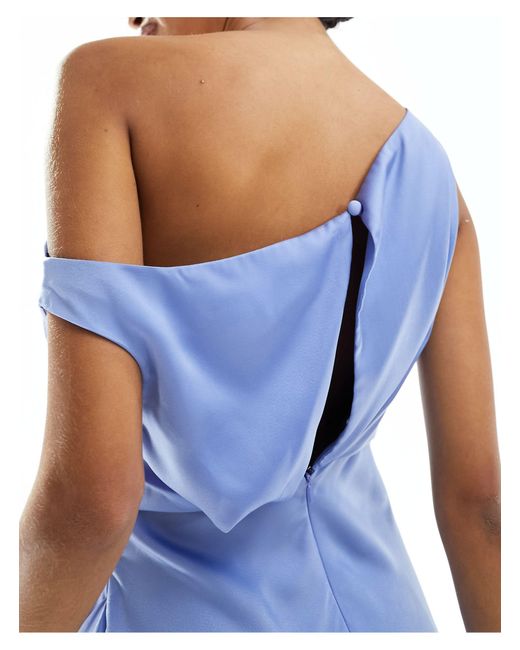 ASOS Blue Satin Off Shoulder Drape Detail Midi Dress