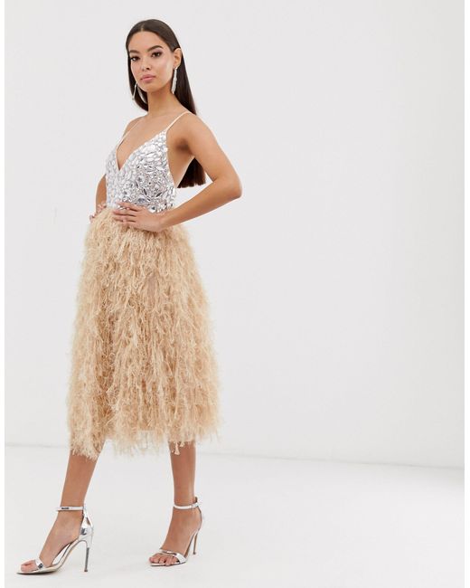 ASOS Pink Encrusted Bodice Faux Feather Midi Dress