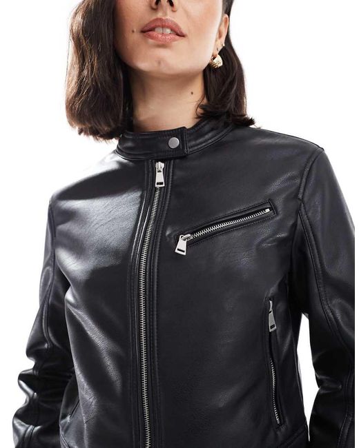 Stradivarius Blue Faux Leather Collarless Faux Leather Jacket