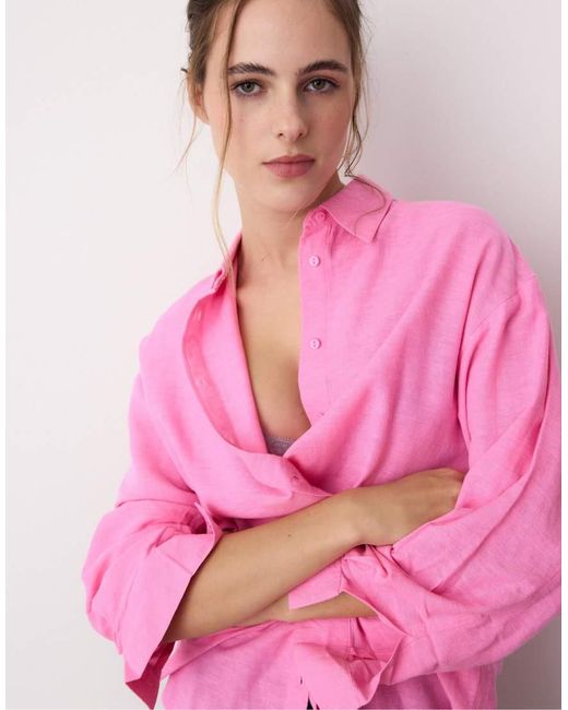 Stradivarius Pink Flowing Shirt With Linen