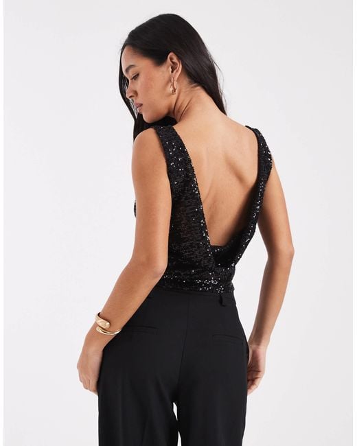 Collusion Black Cowl Back Slash Neck Sequin Top