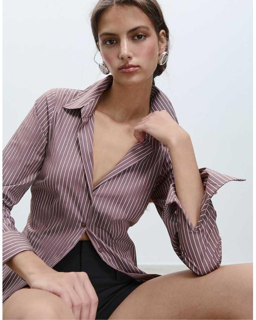 Stradivarius Brown Basic Striped Fitted Shirt