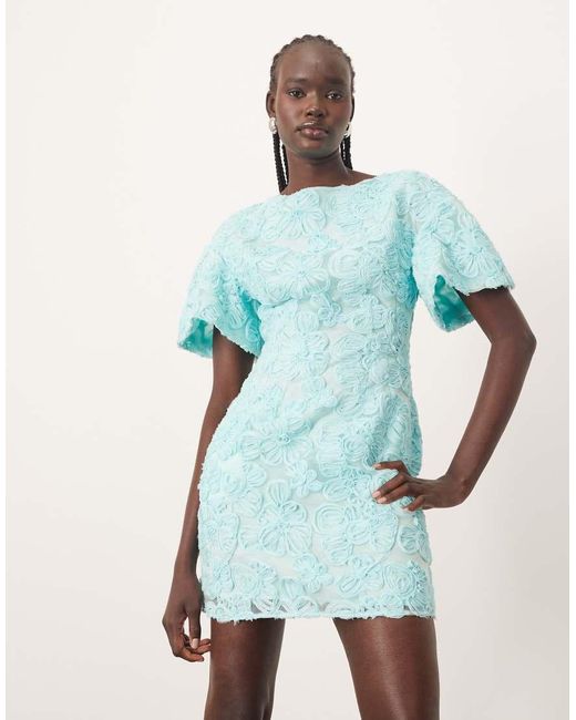 ARRANGE Blue Embroidered Floral Dome T-Shirt Sleeve Mini Dress