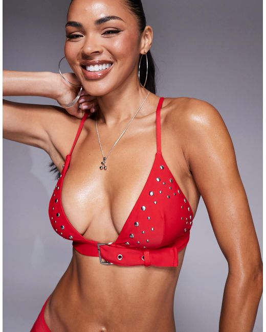 ASOS Red Pippa Buckled Triangle Bikini Top With Stud Detail