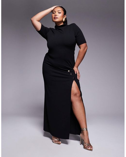 ASOS Blue Asos Design Curve High Neck Maxi Pencil Dress With Short Sleeves And Large Gold Button Detail Split