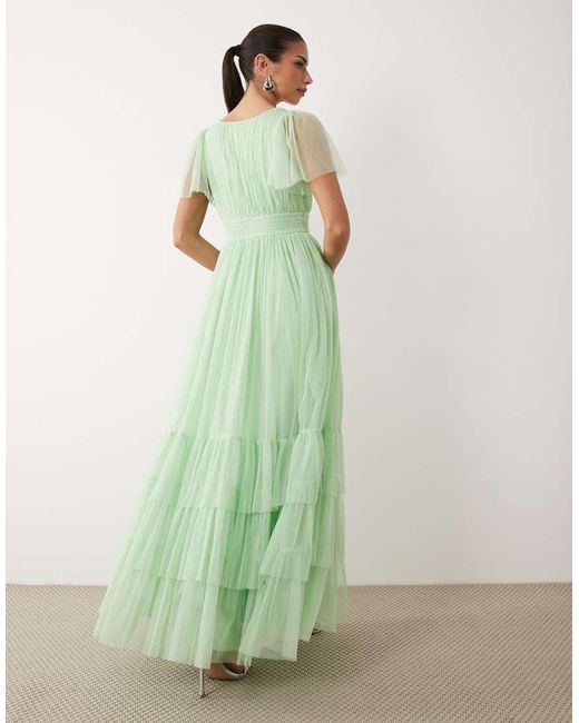 LACE & BEADS Green Bridesmaid Madison Smocked Flutter Sleeve Tiered Maxi Dress