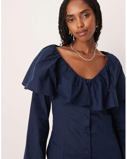 ASOS Blue Poplin Button Down Mini Dress With Ruffle Neckline