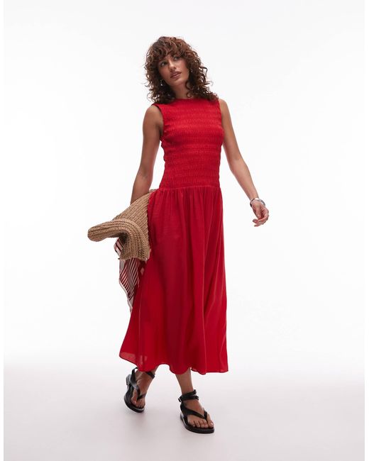 Robe mi-longue à taille basse et corsage froncé Mango en coloris Red